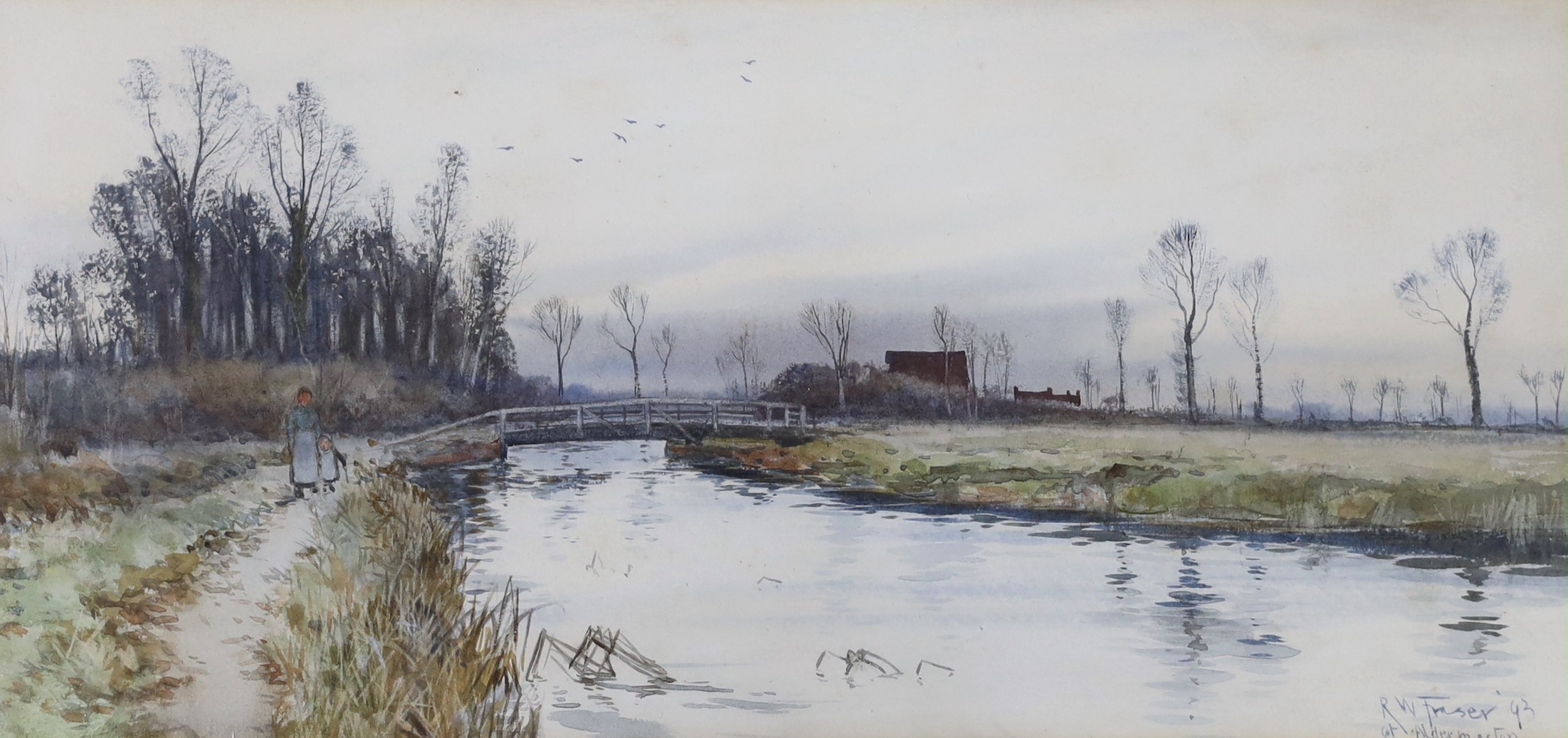 Robert Winchester Fraser (1848-1906), watercolour, 'At Aldermaston', signed and dated '93, 18 x 37cm